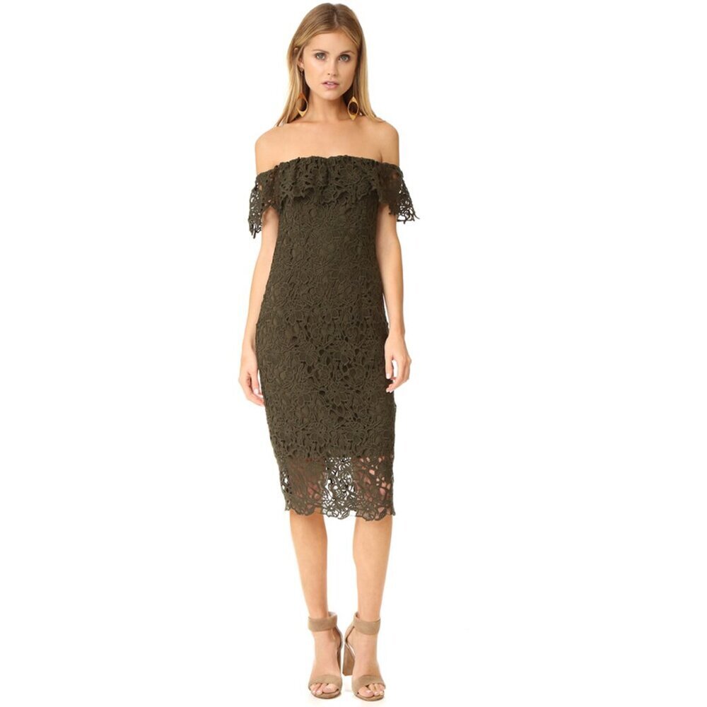 Stylestalker Thalia Lace Off Shoulder Crochet Midi‎ Dress Green Women XS